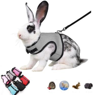 Imagem de Arreio de coelho com conjunto de coleira à prova de fuga, colete de malha macia com fivela ajustável para furão, porquinho-da-índia, hamster, caminhar, animais pequenos, rato, cinza, GG