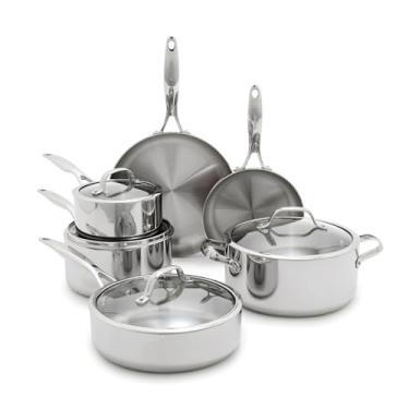 Imagem de GreenPan Conjunto de panelas de aço inoxidável Valencia Pro Tri-Ply, 10 peças, panelas e frigideiras prontas para indução, acabamento espelhado, pode ser lavado na lava-louças e no forno/grelhador a