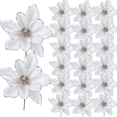 Imagem de 20 peças de flores de Natal com glitter, flores de magnólia artificiais de veludo grande de 16 cm com haste, guirlanda de árvore de Natal, decoração de casamento de ano novo, branco
