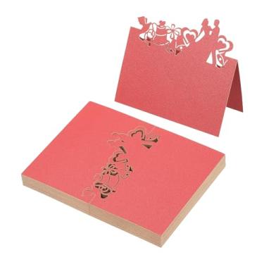 Imagem de PATIKIL 50 peças de cartões de casamento, cartões de nome, papel com glitter, etiquetas de assento dobradas para mesa, buffet, recepção, jantar, festa, vermelho