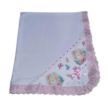 Imagem de Manta Cueiro Bebê Malha com Bordado Inglês, 100% Algodão, Estampa Digital, 80x90cm (Cor: Rosa Bebê)