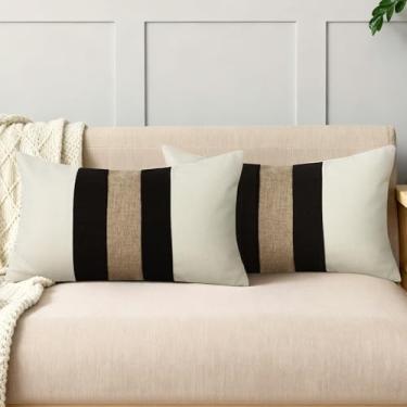 Imagem de QoBexim Conjunto de 2 capas de almofada decorativas de algodão e linho, 30 x 50 cm, bege e preto, decoração de casa de fazenda, moderna, para sofá, decoração de casa ao ar livre