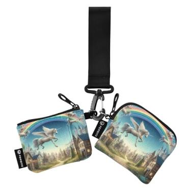 Imagem de Carteira feminina com estampa de gatos fofos em flores, bolsa dupla destacável, porta-chaves, porta-chaves, Pégaso branco arco-íris, one size