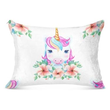 Imagem de Linda fronha de travesseiro de flanela branca grande flor de unicórnio decorativa longa padrão queen king size travesseiro macio grande para o corpo, tamanho do corpo, 53 cm x 137 cm