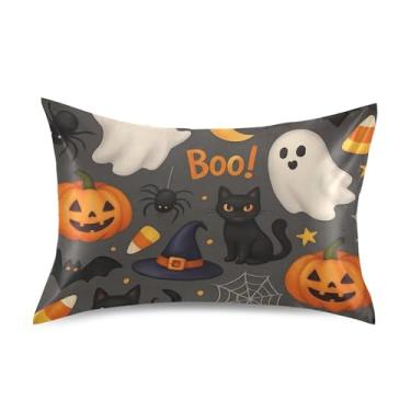 Imagem de Fronhas refrescantes estampadas personalizadas King Queen padrão fronhas de cetim cama fronha tamanho queen 76.2 cm x 50.8 cm bonito desenho animado Halloween fantasmas