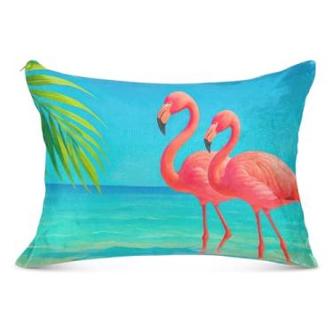 Imagem de Capa de almofada grande felpuda, flamingo, azul e rosa, desenho animado com zíper longo, tamanho queen king, fronhas de cama para cabelo, tamanho corporal, 53 cm x 137 cm