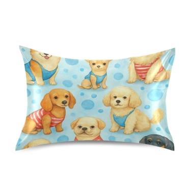 Imagem de Travesseiros de cetim com estampa de cachorro azul padrão king queen para resfriamento de cabelo para decoração de travesseiro king size 101,6 cm x 50,8 cm