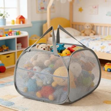 Imagem de Cesto de roupa suja dobrável de 90 L com bolso lateral, cesto de roupa dobrável de malha, grande cesto de armazenamento de roupas com alça para lavanderia, colégio, banheiro, quarto de criança