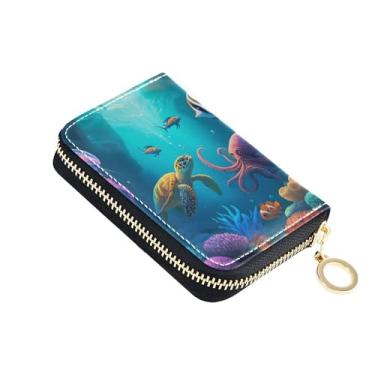 Imagem de Carteira feminina com porta-cartões com bloqueio de RFID, bolso pequeno com zíper, porta-moedas com chaveiro, cena subaquática, peixe colorido