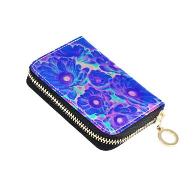 Imagem de Carteira feminina floral com flores roxas abstratas de couro com bloqueio de RFID, carteira masculina à prova de digitalização com bolso para moedas