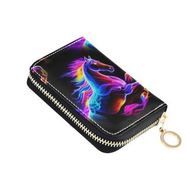 Imagem de Carteira feminina de couro preto com cavalo colorido brilhante com bloqueio de RFID, carteira de cartão de crédito com zíper e chaveiro