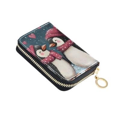 Imagem de Carteira feminina pequena, 9 compartimentos para cartão de crédito e 2 compartimentos para dinheiro, couro, zíper, porta-cartões e dinheiro, casal pinguim dos namorados