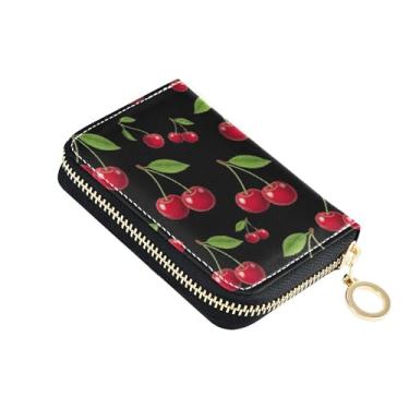 Imagem de Carteira de couro feminina com porta-cartões, bloqueio de RFID, zíper ao redor do zíper, carteira com bolso para moedas, vermelho brilhante, cereja, folhas pretas