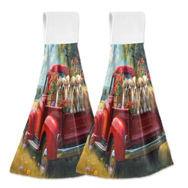 Imagem de Joitme Toalhas de mão penduradas de flores de caminhão de cachorro com laço, pacote com 2 panos de prato decorativos de cozinha, toalhas de gravata de lã coral absorvente para banheiro ou casa