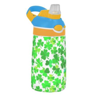 Imagem de Garrafa de água de folhas de trevo verde infantil com canudo 473 ml Tritan 473 ml Garrafa de água de plástico à prova de vazamento, copo infantil portátil, reutilizável, alça de transporte