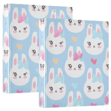 Imagem de Fichários de 3 anéis personalizados de coelhinho branco rosa e azul de 3 cm comporta 200 folhas pastas de portfólio fofo anel redondo fichário de receitas, 31,5 x 27 x 6 cm, pacote com 2