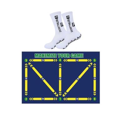 Imagem de Lljsszr Tapete de Treinamento de Dribles para Futebol, Tapete de Treinamento de Futebol, Acessório Auxiliar para Esportes de Drible, Tapete Antiderrapante Par, Azul escuro, com meias