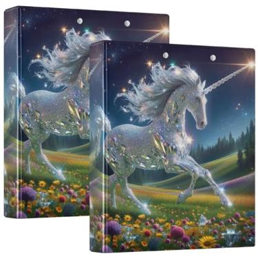Imagem de Fichários personalizados de unicórnio de 3,8 cm, 3 anéis, comporta 200 folhas, lindos fichários para escritório, 31,5 x 27 x 6 cm, pacote com 2