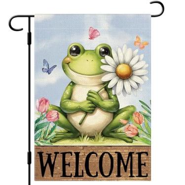 Imagem de DLZDN Welcome Spring Frog Bandeira de jardim floral 30,5 x 45,7 cm, dupla face, vertical, serapilheira, quintal, sinalização sazonal, decoração ao ar livre