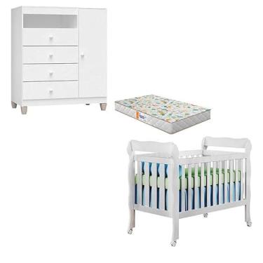 Imagem de Berço Americano Lila com Colchão Gazin e Cômoda Infantil Ternura Baby Branco Brilho - Incorplac