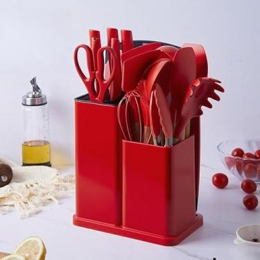 Imagem de Kit 12 Ou 19 Conjunto De Utensílios Silicone Cozinha Colher Escumadeira Concha Escumadeiras Pote(Kit 19 Vermelho)