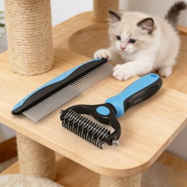 Imagem de Kit de cuidados para animais de estimação, pente azul de dentes longos e escova de desembaraçar para cães e gatos
