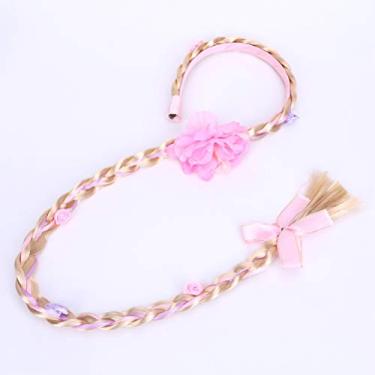 Imagem de Yinhing Crianças Headbands Bonito Hairbands Com Peruca Tranças Estilo Princesa Acessórios de Cabelo para Meninas Crianças Rosa Azul Mão Tecido Trança de Seda Artificial Comprimento 55cm (Flores rosa)