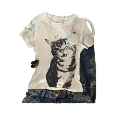 Imagem de Camiseta Gráfica Oversized Com Estampa De Gato Para Mulheres, Estilo H