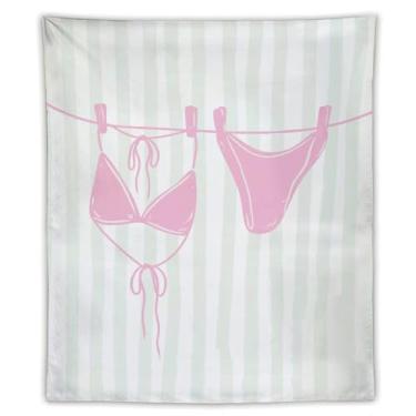 Imagem de Conjunto de biquíni rosa em linha, tapeçaria de linha mínima, arte listrada, decoração de casa temática de praia, decoração de casa para quarto, banheiro, verão, vibe50 x 152 cm, tapeçaria