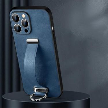 Imagem de IRTGFG Capa de couro com pulseira elástica e suporte para iPhone 16 Pro (para iPhone 16 Pro/azul)