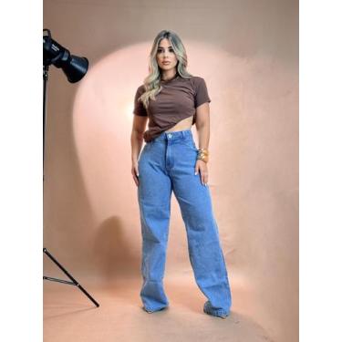 Imagem de Calça Wide Leg Jeans Azul Lisa Feminina Cintura Alta 100 Jeans Sem Lyc