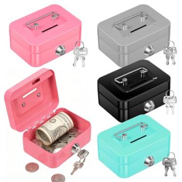 Imagem de SAFE Caixa pequena de 4 peças com fechadura, mini caixa de dinheiro de metal com ranhura, 11,5 cm x 8,5 cm x 5 cm, estojo seguro fofo, cofrinho bloqueável para notas de moedas e dinheiro