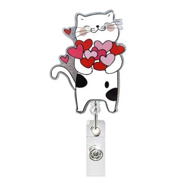 Imagem de Carretel de crachá de coração de gato engraçado retrátil para dia dos namorados preto e branco design de coração de amor com glitter etiqueta de identificação carretéis de crachá de acrílico para dia