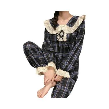 Imagem de Conjunto De Pijamas Femininos Em Xadrez Para Primavera E Outono, Estil