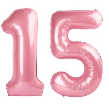 Imagem de Balão rosa perolado número 15 de 101 cm, balão número 15, 101 cm, decorações de festa de aniversário de 15 anos para meninos ou meninas, suprimentos de festa de aniversário de Mylar enorme
