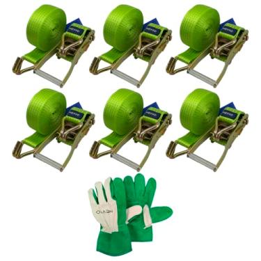 Imagem de Kit 6 Cintas Catraca Amarração Para Carga Com Gancho J 3 Toneladas 9 Metros + Luva de Raspa Multiuso NEVVO