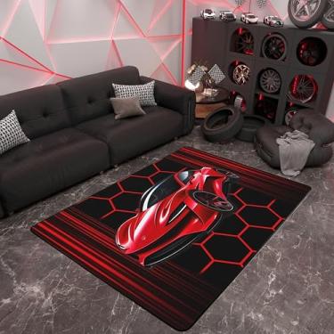 Imagem de Tapete de carro esportivo vermelho 5x6'6'' (150 cm x 200 cm x 1 cm), linhas de néon decoração geométrica de favo de mel tapete sem queda para quarto sala de jogos, cabeceira decorativa de carro de