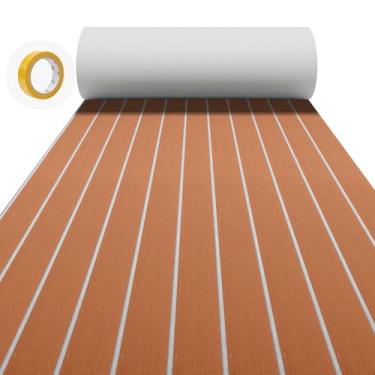 Imagem de Conchpeople Piso de barco, espuma de EVA, autoadesivo, antiderrapante, 240 x 38 x 0,7 cm, lençol de deck para barcos de pesca, caiaque, iate, trailer, piscina, carrinho de golfe (marrom com linhas de