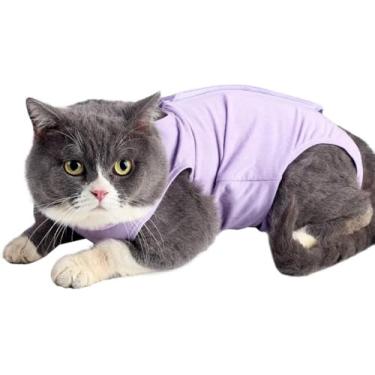 Imagem de Macacão de recuperação de cirurgia para gatos para pós-cirurgia, esterilização cirúrgica, ferimentos abdominais, pele, gola eletrônica, roupa alternativa (roxo-P)