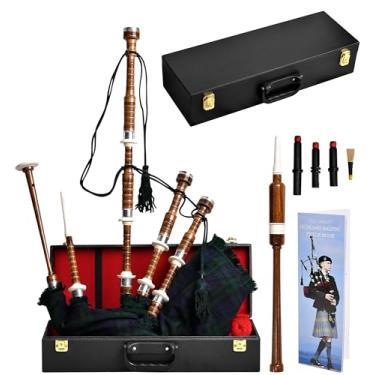 Imagem de Gaita de fole escocesa Highland Redstone – gaita de fole tamanho completo em acabamento jacarandá com suportes simples prateados e livro tutor gratuito em vários tartãs (relógio preto tartan)