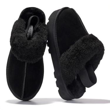 Imagem de Project Cloud Pantufas femininas de camurça de vaca com tira elástica, enchimento de espuma viscoelástica e forro de pele - camurça genuína - chinelos macios e felpudos à prova d'água para interior ou exterior (lingy), Preto, 7.5