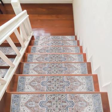 Imagem de Passos de escada antiderrapantes rosa claro/bege para degraus de madeira 76.2 cm x 20.3 cm tapete de escada com suporte de borracha tapetes de escada degraus de escada tapetes de escada para crianças