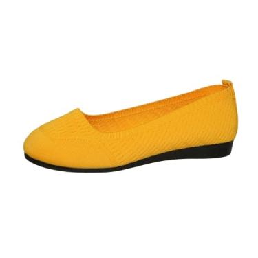 Imagem de Tênis feminino fashion casual primavera e verão de boca rasa, cano baixo, sem cadarço, malha, Amarelo, 35