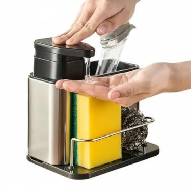 Imagem de Porta Detergente com Dispenser, Suporte para Esponja e Compartimento para Talheres, Inox, Organizador de Pia com Sistema de Drenagem