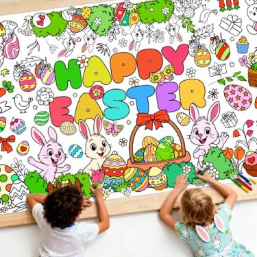 Imagem de Toalha de mesa para colorir de páscoa para crianças, 78 x 182 cm, pôster com coelhos, ovos, flores, perfeita para jogos de festa de Páscoa, decorações de sala de aula, atividades de primavera e