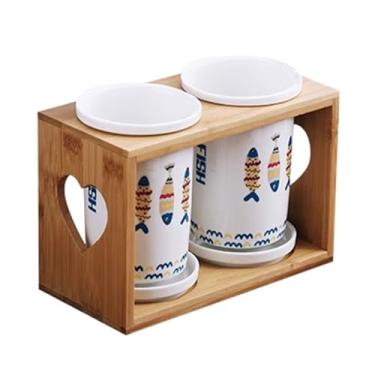 Imagem de x3anggyt5 Suporte de utensílios de cerâmica de 2 peças com suporte de madeira, suporte de utensílios para bancada, organizador de talheres com bandeja de drenagem para garfos, colheres, facas, suporte