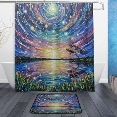 Imagem de Kigai Conjunto de tapetes de cortina de banho com pintura a óleo refletor céu noturno 2 peças, conjunto temático de banheiro (152 x 182 cm) com cortina de chuveiro e tapete antiderrapante -12 ganchos
