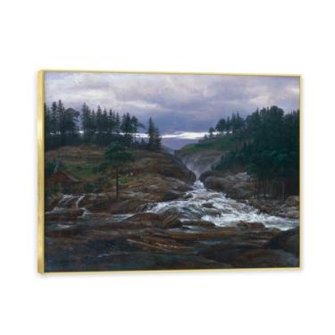 Imagem de Moldura dourada. Reprodução de arte famosa de J.C. Dahl, arte em tela de paisagem romântica nórdica, decoração de parede elegante para sala de estar e escritório, pronta para pendurar (paisagem 8). 40