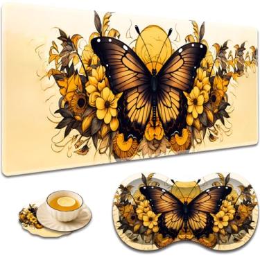 Imagem de Tapete de mouse grande + suporte de pulso + porta-copos de café, almofada de mesa com bordas costuradas, conjunto antiderrapante adequado para trabalho de escritório e casa - borboleta de girassol