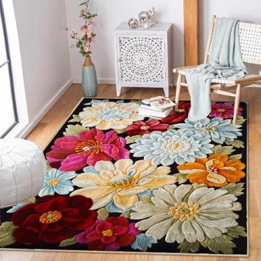 Imagem de Qkjtyt Tapetes coloridos de flores com ilusão 3D 1,5 x 2,1 m para sala de estar, decoração de casa, tapete com detalhes florais orientais, tapetes que não caem